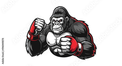 Gorilla Boxer With Red Gloves Ready To Fight Strong Primate Displaying Aggression And Power