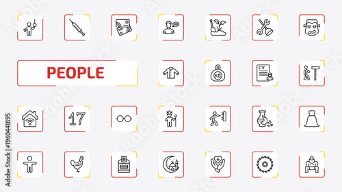 people outline icon set. 25 linear vector for ui, web and mobile. thin line ticket collector, syrnge, abstract business card and more icons.