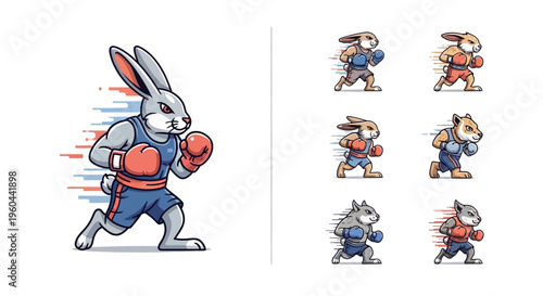 Cute Cartoon Rabbit Boxer Character Animated Motion Effect Sports Training and Fighting Action Poses