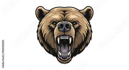 Fierce Grizzly Bear Head Roaring Showing Sharp Teeth And Powerful Jaws Isolated On White Background For Wildlife Art And Design
