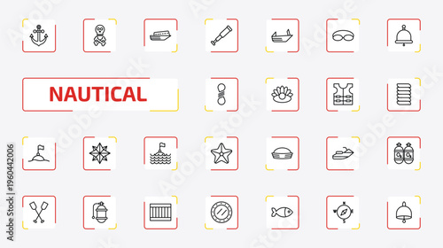 nautical outline icon set. 25 linear vector for ui, web and mobile. thin line big anchor, skull and bones, speed boat facing right and more icons.