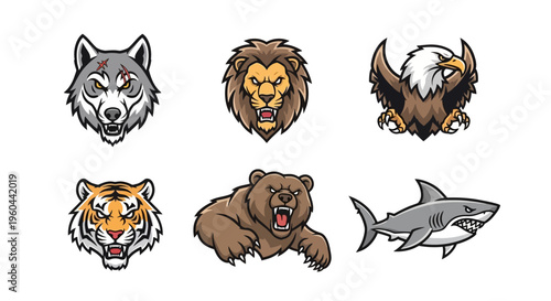 Collection of Fierce Animal Head Icons Featuring Wolf Lion Eagle Tiger Bear and Shark For Commercial Use
