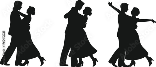 ballroom, dance, silhouette, couple, romance, waltz, elegant, wedding, dancer, partner, romantic, vector, illustration, dress, tuxedo,