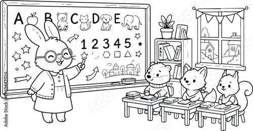 Adobe Illustrator Artwork rabbit teaching small class, chalkboard behind book cover line art.