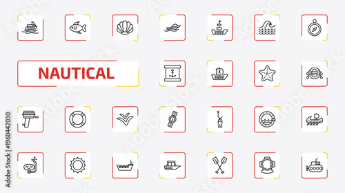 nautical outline icon set. 25 linear vector for ui, web and mobile. thin line yatch, fish, big shell and more icons.