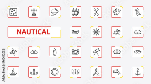 nautical outline icon set. 25 linear vector for ui, web and mobile. thin line nautical map, lighthouse, rainy cloud and more icons.