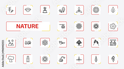 nature outline icon set. 25 linear vector for ui, web and mobile. thin line rosemary, amanita, flower pot and more icons.