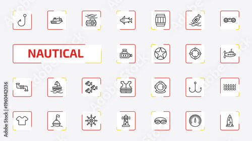 nautical outline icon set. 25 linear vector for ui, web and mobile. thin line bait, ferry facing right, water resist camera and more icons.