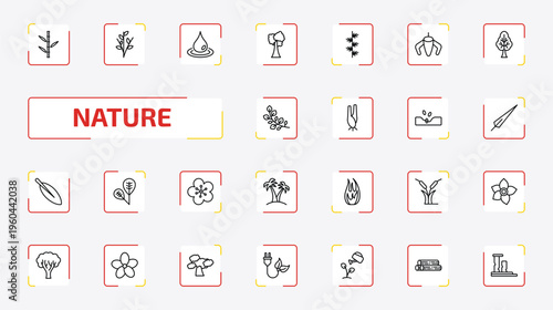 nature outline icon set. 25 linear vector for ui, web and mobile. thin line bamboo sticks, willow, raindrop and more icons.