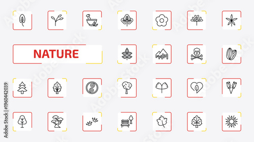 nature outline icon set. 25 linear vector for ui, web and mobile. thin line spear shaped, branch, flower therapy and more icons.