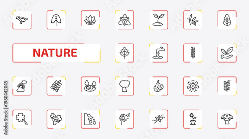 nature outline icon set. 25 linear vector for ui, web and mobile. thin line bird, linden leaf, lotus flower and more icons.