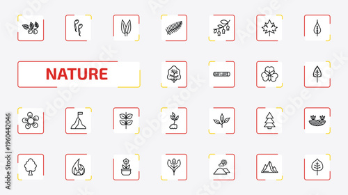nature outline icon set. 25 linear vector for ui, web and mobile. thin line briar leaf, fertilize clinic, lemon leaf and more icons.