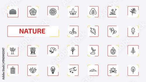 nature outline icon set. 25 linear vector for ui, web and mobile. thin line picket fence, whirlpool, astrantia and more icons.