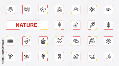 nature outline icon set. 25 linear vector for ui, web and mobile. thin line pitch pine tree, waves, pointia and more icons.
