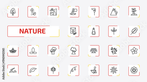 nature outline icon set. 25 linear vector for ui, web and mobile. thin line sugar maple tree, anthurium, cliff and more icons.