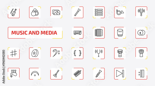 music and media outline icon set. 25 linear vector for ui, web and mobile. thin line cello, castanets, album and more icons.