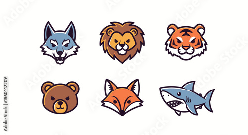 Collection of Six Wild Animal Head Icons Featuring Wolf Lion Tiger Bear Fox Shark Styles For Digital Design