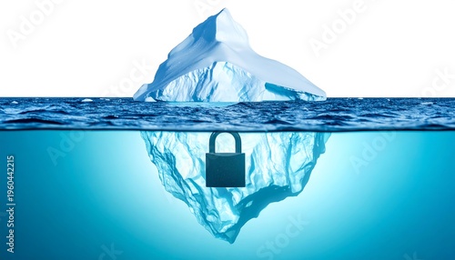 An iceberg, mostly submerged, with a padlock visible underwater. It depicts hidden information and security