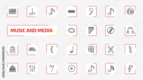 music and media outline icon set. 25 linear vector for ui, web and mobile. thin line synthesizer, minim, sixteenth note and more icons.