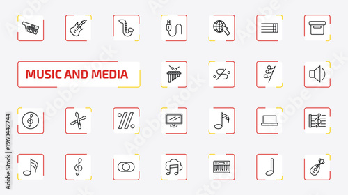 music and media outline icon set. 25 linear vector for ui, web and mobile. thin line keytar, bass guitar, saxophone and more icons.