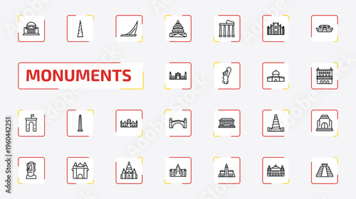 monuments outline icon set. 25 linear vector for ui, web and mobile. thin line bay, , moscow and more icons.
