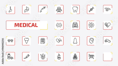 medical outline icon set. 25 linear vector for ui, web and mobile. thin line esophagus, stoh, dosage medical tool and more icons.