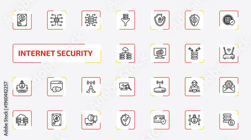 internet security outline icon set. 25 linear vector for ui, web and mobile. thin line hard drive, hub, data streaming and more icons.