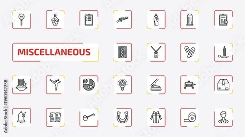 miscellaneous outline icon set. 25 linear vector for ui, web and mobile. thin line diminish, alchemy, evaluate and more icons.