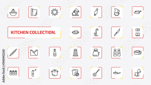 kitchen collection. outline icon set. 25 linear vector for ui, web and mobile. thin line squeezer, aluminum foil, cookie cutter and more icons.