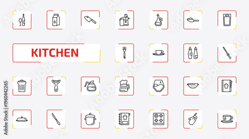 kitchen outline icon set. 25 linear vector for ui, web and mobile. thin line wine bottle, milk, cleaver and more icons.