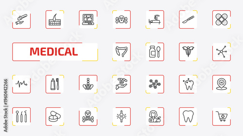 medical outline icon set. 25 linear vector for ui, web and mobile. thin line acid falling on hand, epidermis, heart rate monitor and more icons.