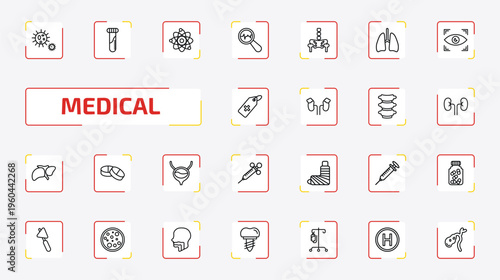medical outline icon set. 25 linear vector for ui, web and mobile. thin line bacteria, blood sample, atomic structure and more icons.