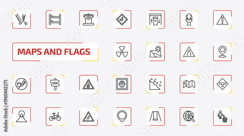 maps and flags outline icon set. 25 linear vector for ui, web and mobile. thin line women hairstylist, dormitory, las vegas and more icons.