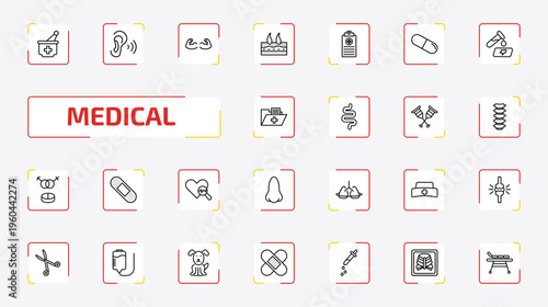 medical outline icon set. 25 linear vector for ui, web and mobile. thin line medicines bowl, ear, strong and more icons.