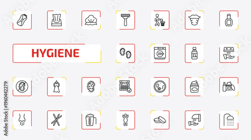 hygiene outline icon set. 25 linear vector for ui, web and mobile. thin line epliator, tissues, shower cap and more icons.