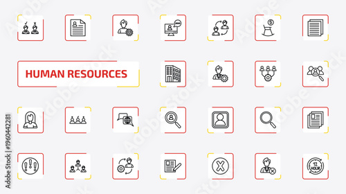 human resources outline icon set. 25 linear vector for ui, web and mobile. thin line candidates, resume, emotional intelligence and more icons.