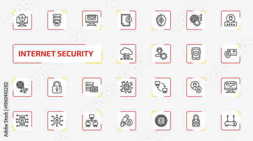 internet security outline icon set. 25 linear vector for ui, web and mobile. thin line computer security, sql, ethernet and more icons.
