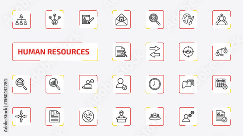 human resources outline icon set. 25 linear vector for ui, web and mobile. thin line company structure, multitask, job application and more icons.
