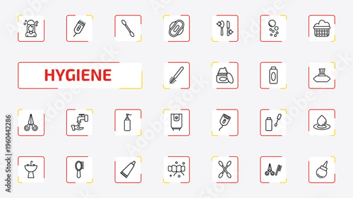 hygiene outline icon set. 25 linear vector for ui, web and mobile. thin line hair washing, electric razor, cotton swab and more icons.
