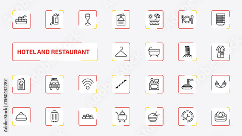 hotel and restaurant outline icon set. 25 linear vector for ui, web and mobile. thin line takoyaki, fire extinguisher, wine glass and more icons.