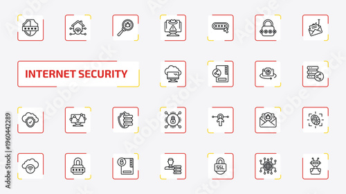 internet security outline icon set. 25 linear vector for ui, web and mobile. thin line pin code, home network, virus search and more icons.