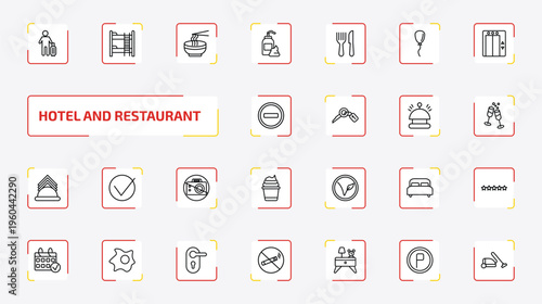 hotel and restaurant outline icon set. 25 linear vector for ui, web and mobile. thin line guest, bunk, ramen and more icons.