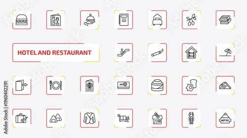 hotel and restaurant outline icon set. 25 linear vector for ui, web and mobile. thin line cheese burger, wine menu, restaurant tray and more icons.