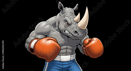 Fierce Muscular Rhinoceros Boxer With Orange Gloves Ready To Fight Isolated On Black Background Fierce Competition Concept