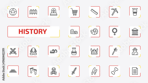 history outline icon set. 25 linear vector for ui, web and mobile. thin line face, trifold, tomb and more icons.