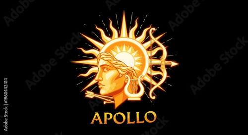 Ancient Greek God Profile with Sun Arrow and Bow Symbol on Black Background Mythological Figure Design