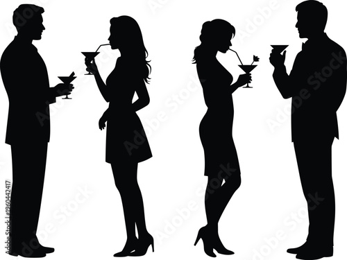 Black silhouette of elegant couples drinking cocktails and socializing at a party isolated on white background for lifestyle design elements.