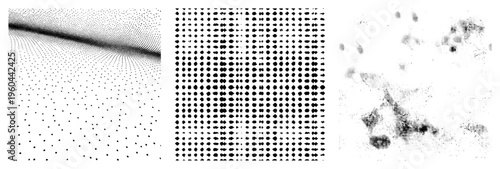 Geometric halftone arrangements, dot matrix gradients, stylized vector textures, graphic design elements, compositions.