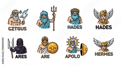 Collection of Ancient Greek Gods and Goddesses Depicted as Stylized Illustrations with Names and Iconic Symbols for Mythology Themes