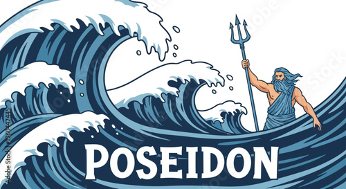 Ancient Greek Deity of the Sea Emerges from Crashing Ocean Waves Holding a Trident